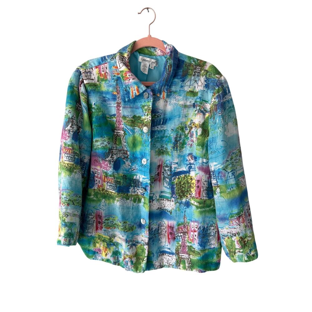 Coldwater Creek Blue Paris Scene Linen Blend Blazer Extra Large